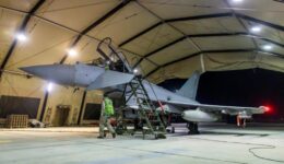 A RAF Typhoon at the Akrotiri British Base in Cyprus after returning from bombing attacks in Yemen.