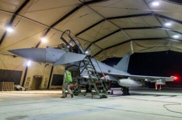 A RAF Typhoon at the Akrotiri British Base in Cyprus after returning from bombing attacks in Yemen.